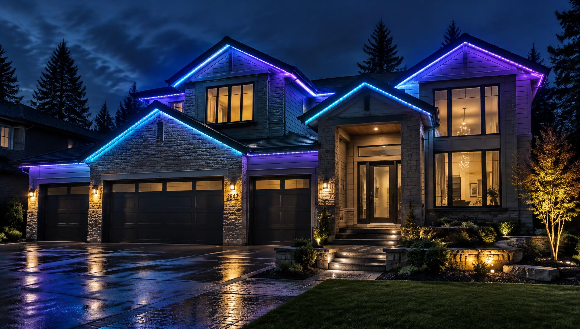 Modern home at blue hour with cyan and violet permanent roofline lighting